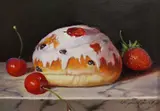 Iced Bun with Cherries by Raymond Campbell, oil on board, sold Dec 2022