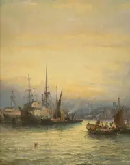 Shipping in harbour by William Thornley, oil on board, sold Dec 2022