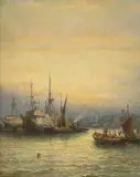 Shipping in harbour by William Thornley, oil on board, sold Dec 2022