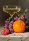 Glass with orange and fruit by Raymond Campbell, oil on canvas, sold Dec 2022