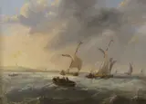 Sail barges along the coast by H. C. Maxwell, 1839, oil on canvas, sold Dec 2022