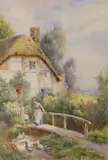 Figures and ducks in a cottage garden by Noel Smith, watercolour, offered Dec 2022
