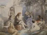 The Storyteller by Enrico Pollastrino, pencil and watercolour, offered Dec 2022