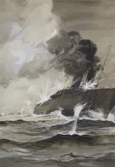 Merchant ship under attack by George Soper, watercolour and gouache on paper, sold Dec 2022