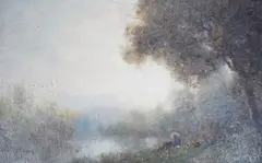 Ethereal river landscape by Robert Crannell Minor, oil on panel, sold Dec 2022