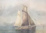 Fishing boat and hulk off the coast, 22 x 30cm by William Roxby Beverley, watercolour, sold Dec 2022