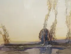 Sheep in a river landscape, label verso, 36 x 47cm by John Littlejohns, watercolour, sold Dec 2022