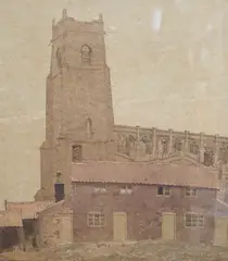Study of houses and a church by Bertram Nicholls, 1922, watercolour, sold Dec 2022