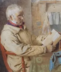 Interior with old man reading a book by William Lucas, watercolour, sold Dec 2022