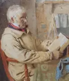 Interior with old man reading a book by William Lucas, watercolour, sold Dec 2022