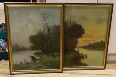 River landscapes with angler and woman washing clothes by Ed Duparc, oil, sold Nov 2022