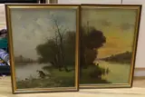 River landscapes with angler and woman washing clothes by Ed Duparc, oil, sold Nov 2022