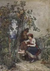 Italian family beside grapevines by Rudolf G. Werner, watercolour, sold Nov 2022