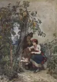 Italian family beside grapevines by Rudolf G. Werner, watercolour, sold Nov 2022