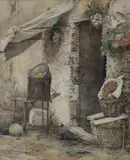 Produce beside a cottage doorway by Rudolf G. Werner, watercolour, sold Nov 2022