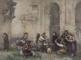 Supplicants outside a monastery by Rudolf G. Werner, watercolour, sold Nov 2022