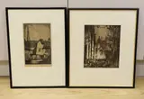 Flemish street scene with numerous revellers, 27 x 22cm and an etching by H.Bernard Robinson of Newark, 27 x 17cm by Frank Brangwyn, etching, sold Nov 2022