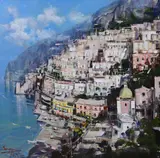Positano by Mario Sanzone, oil on canvas, sold Nov 2022
