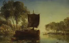 River landscape with sail barge by William Joseph J. C. Bond, oil on wood, sold Nov 2022
