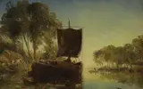 River landscape with sail barge by William Joseph J. C. Bond, oil on wood, sold Nov 2022