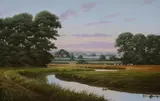 River landscape with sheep in pasture by Terence Grundy, oil on canvas, sold Nov 2022