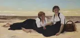 Women seated on the seashore by D. Borlaston, 1878, oil on canvas, sold Nov 2022