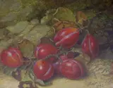 Still life of plums by J.H. Major, 1883, oil on board, sold Nov 2022
