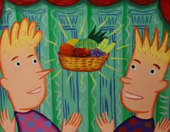 Untitled (fruit) by Rodney Greenblat, oil on board, sold Nov 2022