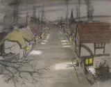 Original storyboard for Anglian Television series of The Wind in the Willows, street scene with Mole and Ratty looking in through a window by John Worsley, mixed media on paper, offered Nov 2022