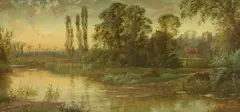 River landscape at sunset by E. Lancaster Hooper, oil on canvas, sold Nov 2022