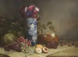 Still life of chrysanthemums in a vase and fruit on a table top including medlars by Eleanor Brace of Brighton, oil on canvas, sold Nov 2022