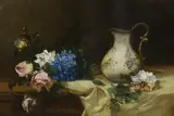 Still life of flowers and a jug upon a table top by Alfred Rouby, oil on wood, sold Nov 2022