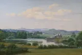 Extensive landscape with harvesters and cattle watering by Rg Kelly, oil on canvas, sold Nov 2022
