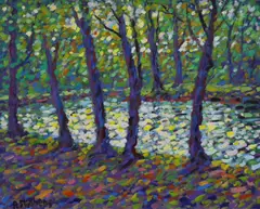 Early morning sunrise in woods by Paul Stephens, oil on board, sold Nov 2022