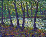 Early morning sunrise in woods by Paul Stephens, oil on board, sold Nov 2022
