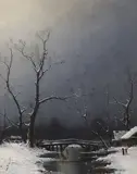 Skaters beside a bridge by Niels H. Christiansen, oil on canvas, sold Nov 2022