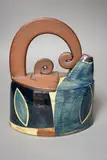 An abstract green yellow and blue glazed earthenware teapot by Richard Phethean, sculpture, sold Nov 2022