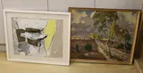 Birch trees in a landscape, 60 x 70cm, and an abstract gouache, initialled JMS, 44 x 58cm by Hans Northmann, oil on board, sold Oct 2022