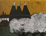 Kentish Oast Houses by Robert Tavener, linocut, sold Oct 2022