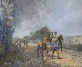 Figure leading horses along a lane by Peter Howell, oil on canvas, sold Oct 2022