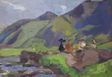 Travellers seated in a landscape by Amy Browning, oil on board, sold Oct 2022