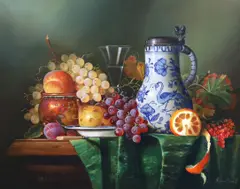 Still life of a delft flagon and fruit on a table topoil on by Raymond Campbell, oil on board, sold Oct 2022