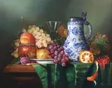 Still life of a delft flagon and fruit on a table topoil on by Raymond Campbell, oil on board, sold Oct 2022
