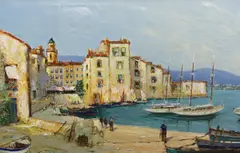 Harbour scene by Godwin Bennett, oil on canvas, sold Oct 2022