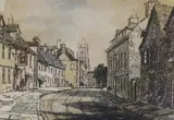 Cotswold Town (Gloucester Street, Cirencester) by James Fletcher-Watson, 1958, ink and watercolour, sold Oct 2022