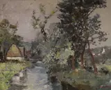 Tree lined canal by Francesco Pablo de Besperato, oil on canvas, sold Oct 2022