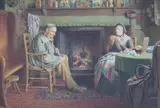 Cottaqe interior with elderly couple beside the hearth by Henry Spernon Tozer, 1918, watercolour, sold Oct 2022