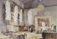 Interior with seated figures by Jack Merriott, watercolour, sold Oct 2022