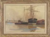 Philadelphia Navy Yard by Thomas Anschutz, oil on canvas, offered Mar 2023