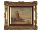 Skaters on a frozen Dutch river by Pieter Cornelis Steenhouwer, oil on board, sold Mar 2023
